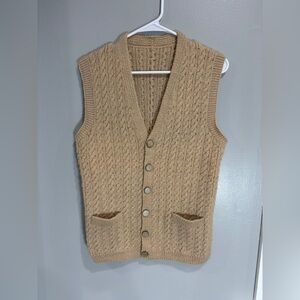 Vintage Wool Hand Knit Button Up Cottagecore Vest Camel Neutral Sleeveless M/L